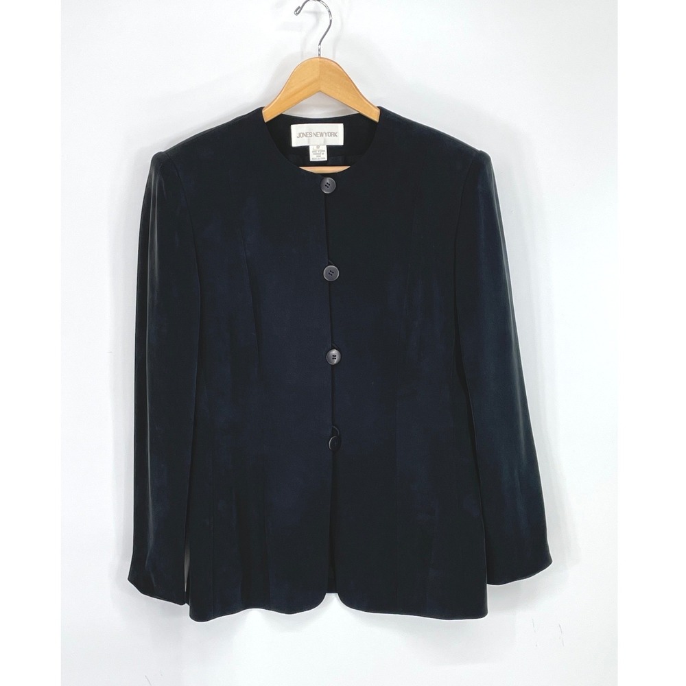 Jones New York Womens Blazer 12 Black 100% Silk Tailored Collarless Button Front
